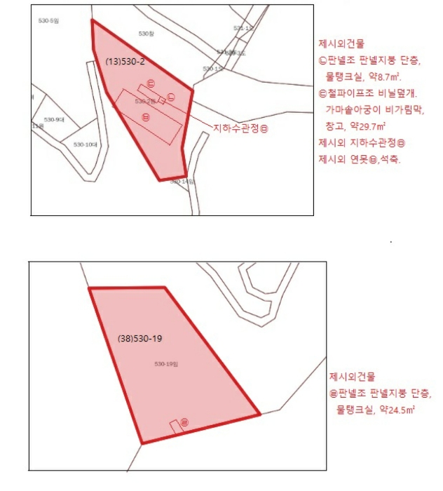 지적및건물개황도(제시외건물㉠-㉣,관정㉤,연못㉥)