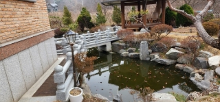3부동산 현관문 오른쪽에 소재하는 연못의 모습