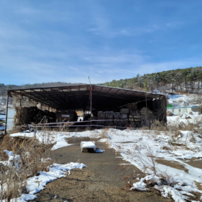 본건 토지 경계부분에 있는 제시외 건축물(건축용 목재가 적재되어 있음) 전경