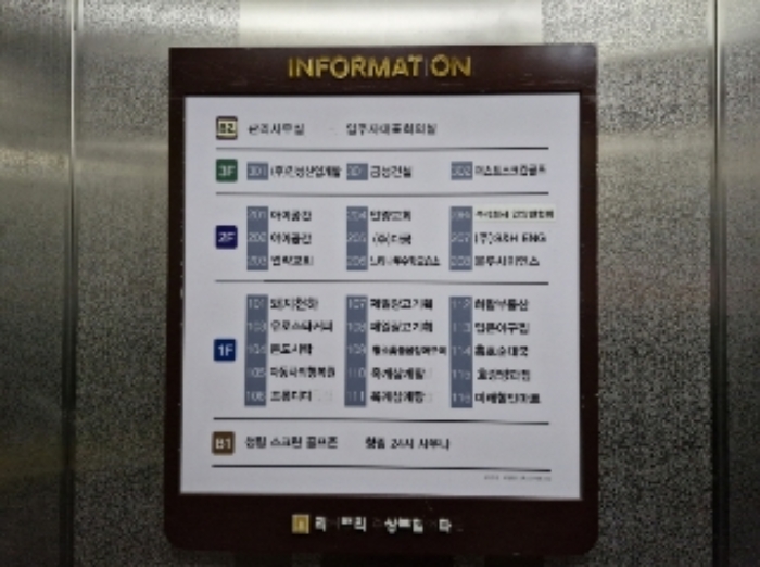 엘리베이터 내 건물 안내판 : 표지판에 `301 (주)진성산업개발, 301-1 금성전설`로 표시되어 있음