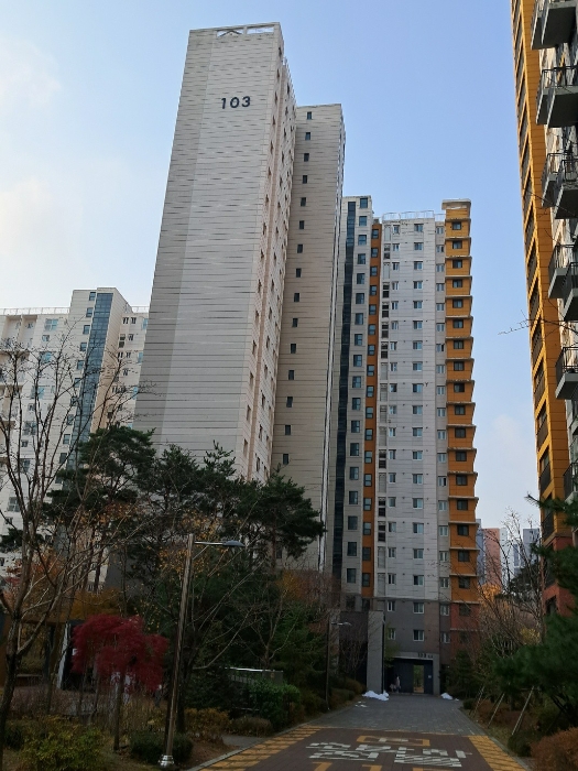 북동측에서 촬영한 항동중흥에스클래스 베르데카운티 제103동 전체부분