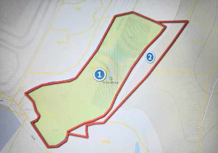 지적약도(1번은 표시목록 1번 공장용지와 3,4,5번 창고등이고, 2번은 표시목록 2번의 창고용지임)